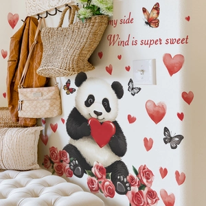 Cartoon panda wall sticker with red hearts and roses for Valentine bedroom decor
