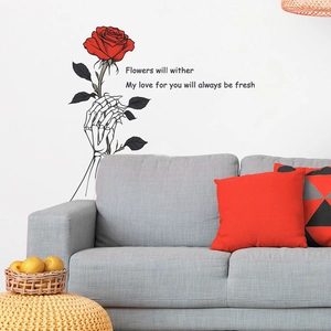 Romantic skull hand and red rose wall sticker with English quote for home decor