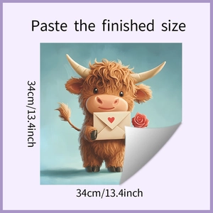 Detailed view of cute Highland cow wall sticker with red rose and heart envelope