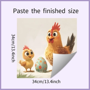 Detail showing cartoon hen and chick wall sticker with dimensions 34cm by 34cm