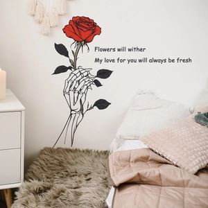 Skull hand holding red rose wall sticker with English poem for home bedroom decor