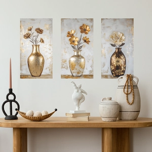 3-piece 3D floral vase wall stickers with golden metallic relief for home decor