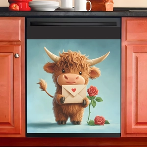 Cute highland cow holding valentine envelope wall sticker for fridge or dishwasher decor