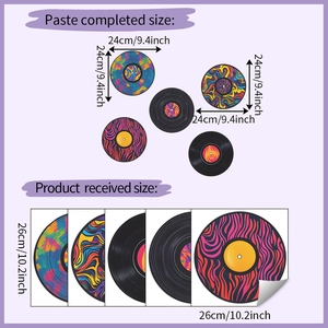 Détail montrant les dimensions de 5 stickers muraux disques vinyles au design pop art