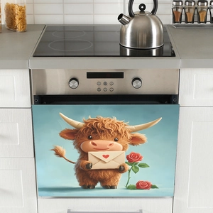 Cute highland cow holding heart envelope and roses on a modern oven door sticker