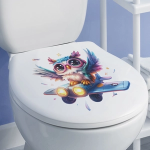 Cartoon owl flying a blue plane wall sticker for creative bathroom toilet decoration