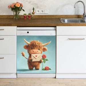 Cute highland cow holding love letter and roses wall sticker for kitchen decoration