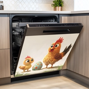 Cartoon chicken and Easter egg scene magnetic decal on dishwasher panel kitchen decor