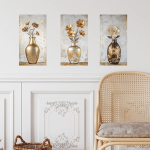 3-piece set of golden floral vase wall art stickers for elegant home wall decoration