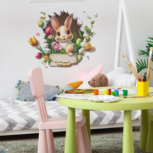 3D cute bunny wall sticker with colorful tulips and Easter eggs for home decoration