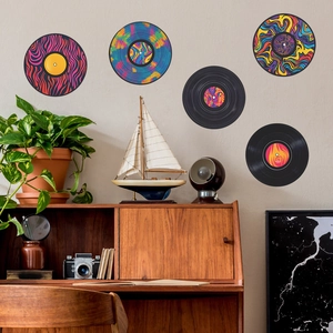 Stickers Muraux Style Disque Vinyle Rétro pour Décoration Salle de Musique Art Abstrait Psychédélique Rond Auto Adhésif PVC