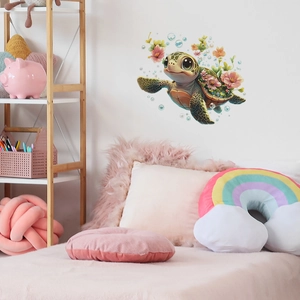 Wandtattoo Schildkröte mit Blumen für Kinderzimmer Deko an weißer Schlafzimmerwand