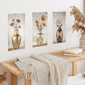Three-piece set of modern golden flower vase wall art for living room decor