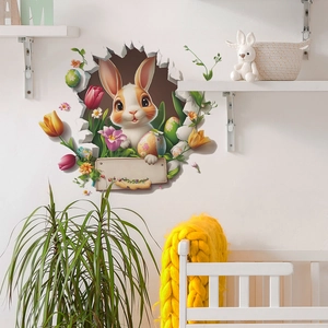 3D Effect Broken Wall Cartoon Rabbit Easter Eggs Flower PVC Wall Sticker For Kids Room Decorative Home Wall Decal Art Mural
