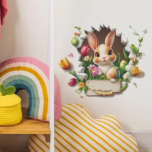 3D broken wall effect Easter bunny wall sticker with tulips and eggs for home decor