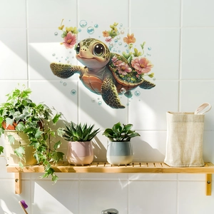Cartoon Schildkröte Wandtattoo mit Blumen für Schlafzimmer Deko auf weißen Fliesen