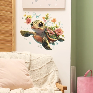 Süße Comic Meeresschildkröte Blumen Wandtattoo Abnehmbare PVC Tier Blume Aufkleber Für Kinderzimmer Schlafzimmer Wohnkultur