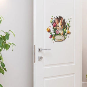 3D wall sticker featuring a cute Easter bunny with colorful tulips and eggs breaking through wall