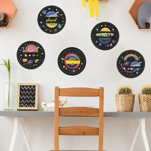 5-piece outer space wall stickers set featuring colorful hand-drawn planet illustrations