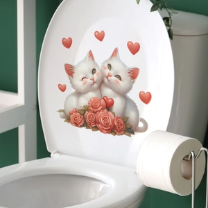 Adhesive bathroom sticker featuring cute white kittens with pink roses and red hearts
