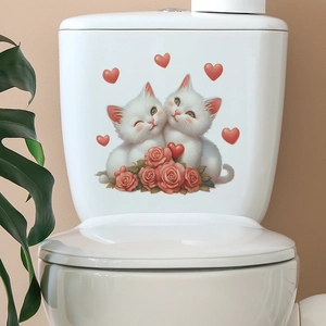 Adhesive cat wall sticker with hearts and pink roses for bathroom toilet decoration