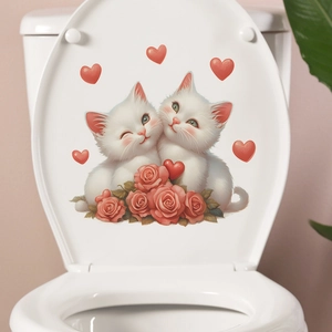 Adhesive toilet lid sticker featuring two white cats, red hearts, and rose flower accents