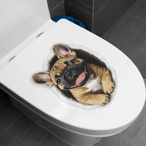 Sticker mural bouledogue français 3D avec effet de trou réaliste pour décor de toilette