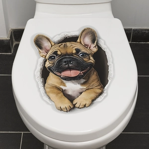 Sticker de Toilette Bouledogue Français 3D Autocollant Mural en PVC Imperméable Motif Animal pour Salle de Bain Décoration Maison