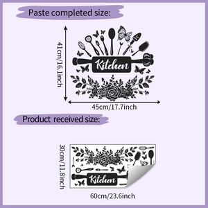 Floral kitchen wall sticker size guide showing application dimensions and layout