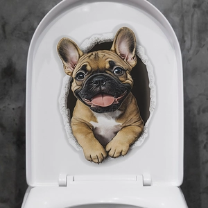 Sticker 3D bouledogue français pour salle de bain avec effet visuel réaliste de mur brisé