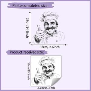 Detail view of chef wall sticker dimensions with 37x37cm finished size on lilac background