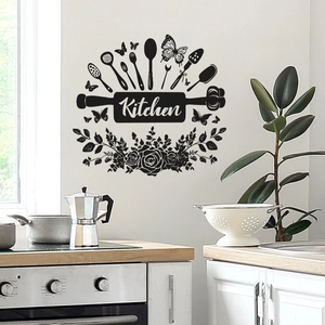 Self-adhesive black vinyl kitchen wall sticker featuring floral motifs and utensils