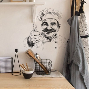Minimalist chef line art wall sticker for kitchen decor with a smiling chef design