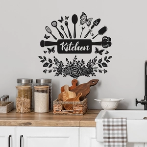 Creative floral kitchen wall sticker featuring text and silhouettes of cooking utensils