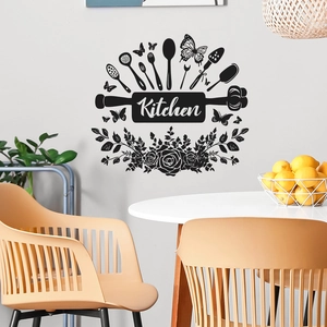 Floral kitchen wall sticker with utensil silhouettes and Kitchen text for home decor