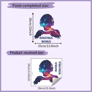 Detailed size chart for gamer wall decal with starlight nebula silhouette and dimensions