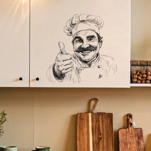 Minimalist chef wall sticker with black sketch lines for modern kitchen cabinet decoration