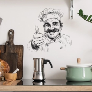 Self-adhesive cartoon chef wall sticker with hand-drawn lines for kitchen decoration