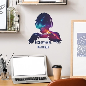 Gamer silhouette wall sticker with nebula patterns and Recreational Machines text