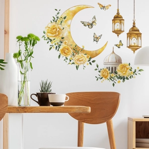 Golden moon and yellow flowers wall decals with hanging lanterns for home decor