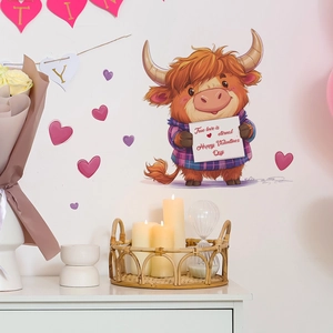 Sticker mural de vache des Highlands avec cœurs pour décoration de salon de la Saint-Valentin