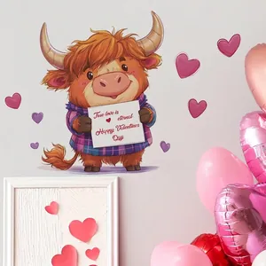 Sticker mural vache Highland avec carte de vœux pour déco de la Saint-Valentin