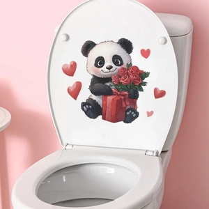 Adesivo panda con rose rosse e cuori per decorazione di bagno e coperchio WC