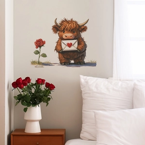 Cartoon highland cow wall decal with heart envelope and red rose for bedroom decor