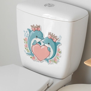 Valentine's Day Dolphin Heart Toilet Sticker PVC Waterproof Removable Wall Decal For Bathroom Home Decor Cartoon Pattern