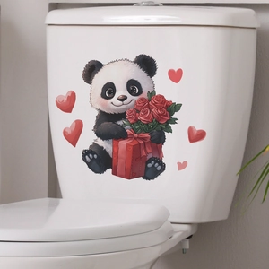 Adesivo murale panda carino con rose rosse per decorazione bagno e toilette casa
