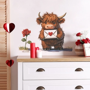 Cartoon highland cow wall sticker with red rose and heart envelope for home decor