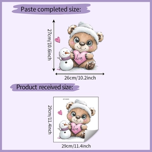 Detailed size chart showing teddy bear and snowman wall sticker dimensions in cm and inches
