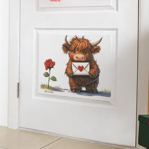 Highland cow wall sticker holding heart envelope and red rose for home decoration