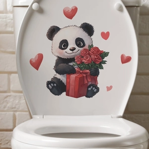Adesivo murale con panda e rose rosse per decorazione sedile WC e bagno moderno